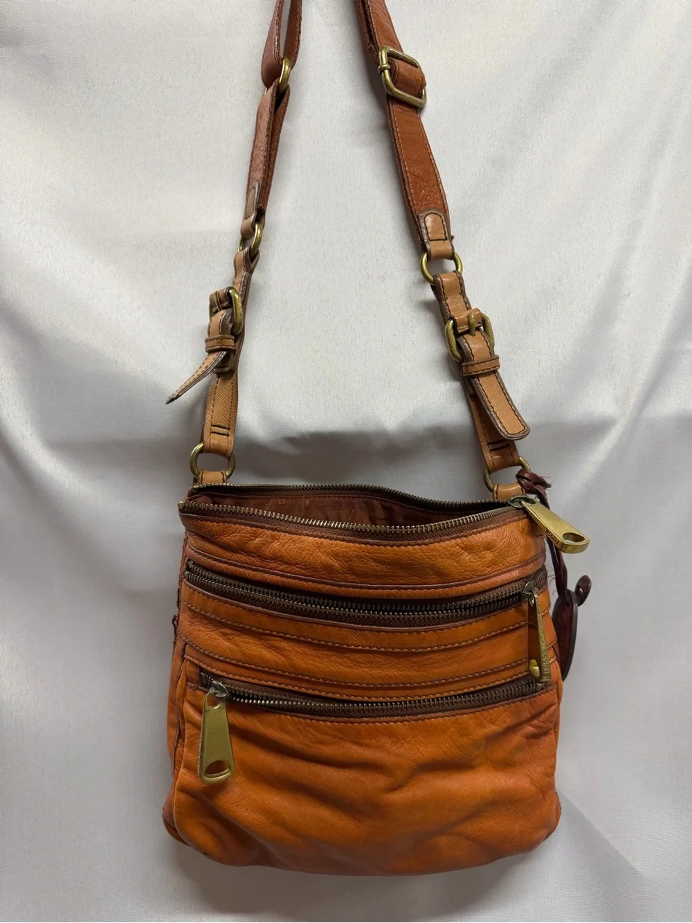Fossil Explorer Crossbody Bag Orange Cognac Pebbled Leather Brass Vintage